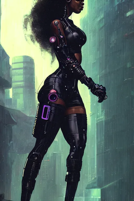 Image similar to cyberpunk normani as aeon flux profile picture by greg rutkowski, dynamic pose, intricate, futuristic, fantasy, elegant, by stanley artgerm lau, greg rutkowski, thomas kindkade, alphonse mucha, loish, norman rockwell, metal chrome, shiny, rainy background, asymmetric, long afro hair,