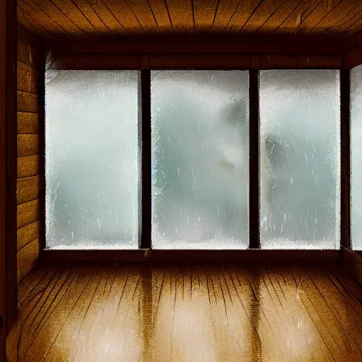 Prompt: torrential rain outside a cozy cabin window, digital art, artstation