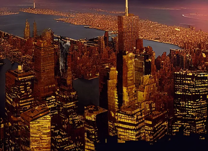 Image similar to film still of the moon breaking into pieces over manhatten in the new disaster movie, 8 k, night time