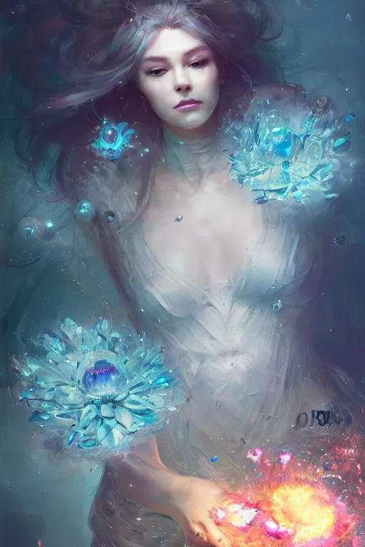 Image similar to beautiful girl necromancer covered with crystals exploding space, 3 d render, hyper realistic detailed portrait, holding magic flowers, ruan jia, wlop. scifi, fantasy, hyper detailed, octane render, concept art, peter mohrbacher