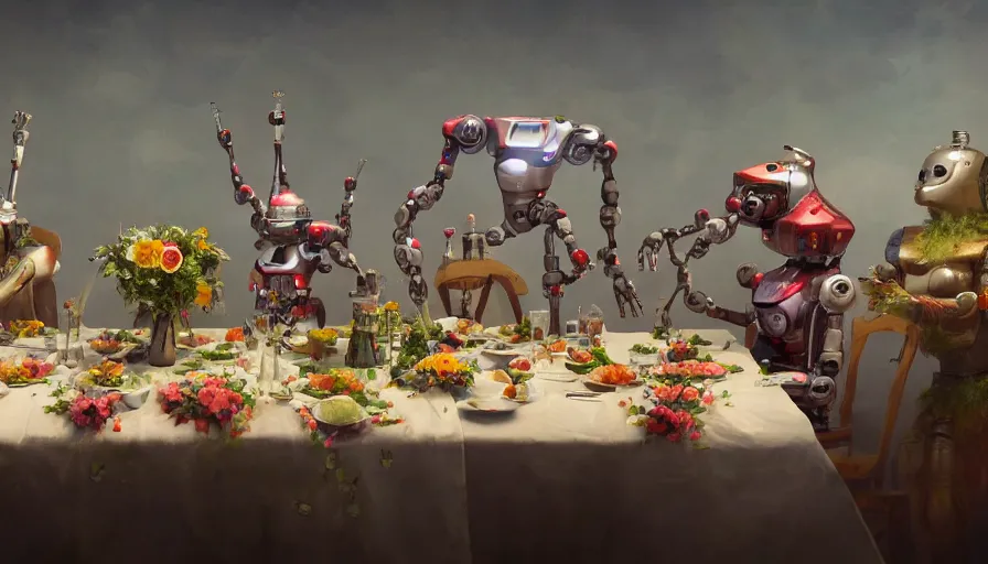 Image similar to a table dinner of robots where robots are dressed like the characters from the midsommar movie wearing flowers, realistic detailed digital art by maxwell boas jessica rossier christian dimitrov anton fadeev trending on artstation cgsociety rendered in unreal engine 4 k hq