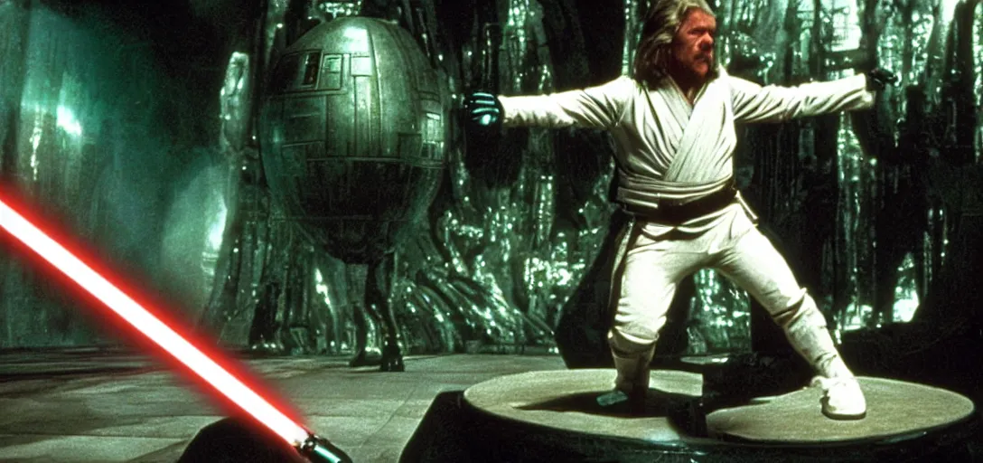 Image similar to “a Star Wars The Empire Strikes Back movie shot, Jeff Bridges from The Big Lebowski levitating a bowling ball above a swamp on Dagobah”