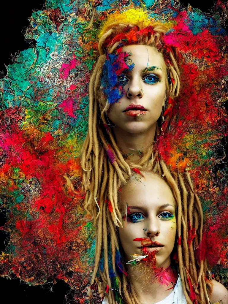 Prompt: a stunningly beautiful woman with blonde dreadlocks, in the style of artur bordalo, in a fractal environment