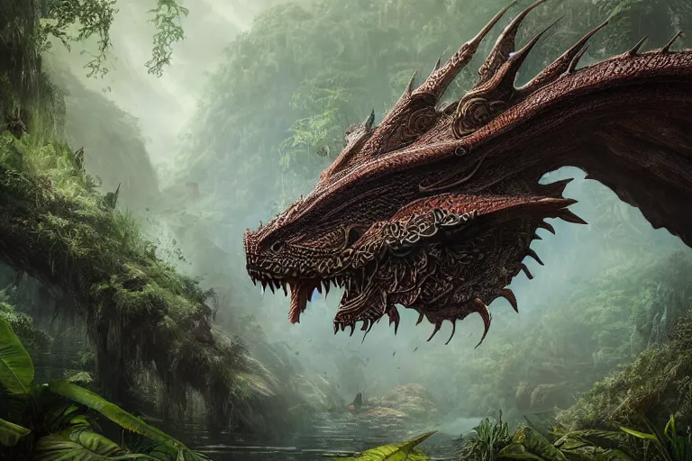 Prompt: Beautiful 28mm macro headshot of a A very very huge massive giant Chinese water dragon middle of a jungle, fantasy art, in the style of greg rutkowski, illustration, epic, fantasy, intricate, hyper detailed, artstation, concept art, rim lighting, elder scrolls, unreal, smooth, sharp focus, ray tracing