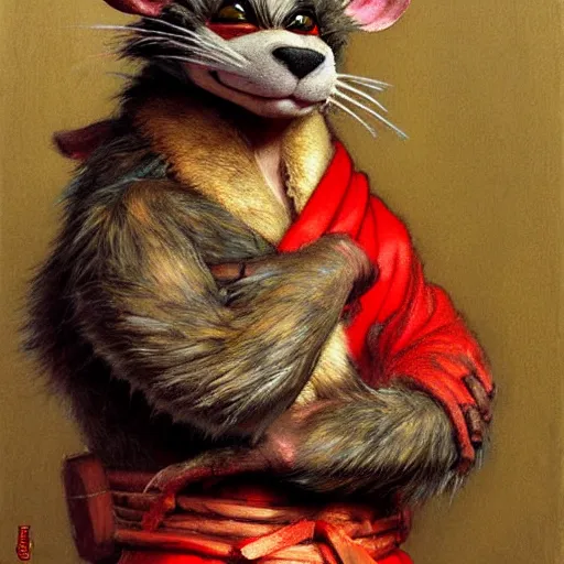 Image similar to a portrait of a furry splinter the rat from ninja turtles wearing a red kimono, hairy, furry body, furry arms, feet, tail. highly detailed painting by gaston bussiere, craig mullins, j. c. leyendecker, furry
