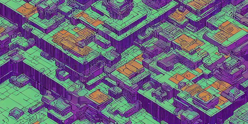 Image similar to a mile above a cyberpunk landscape. isometric perspective. science fiction art. near future world moebius