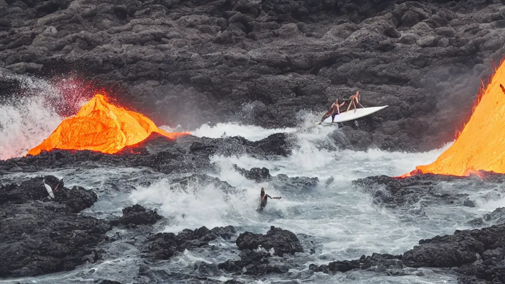 Image similar to people in suits of armor surfing down a river of lava on the side of a volcano on surfboards, action shot, dystopian, motion blur, sharp focus, cinematic