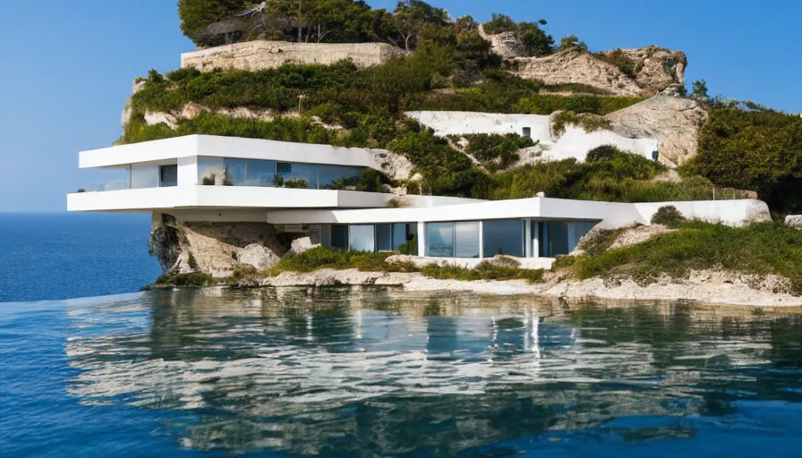 Prompt: modern house perched on a cliff overlooking a magnificient bay, raphael lacoste