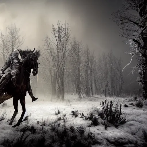 Prompt: the wild hunt, spectres of the night, otherworldly wraiths, bad omens, riding, blizzard chaotic storm, enchanted forest, fog, snow, ice, dreamy, witcher 3, cinematic, breathtaking, vfx, physically based rendering, unreal 5, cgi, concept art, trending in artstation, intricate details, dark fantasy