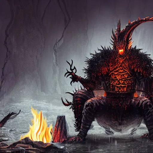 Prompt: Ancient Dragon boss from dark souls 2 sitting near a camp fire, evening time, heavy rain, rain water reflections in ground, digital illustration, crisp details, highly detailed art, 8k image quality, full body camera shot