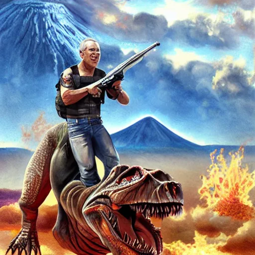 Image similar to benjamin netanyahu riding a t - rex with a shotgun, epic volcano background by victor adame minguez by yuumei by tom lovell by sandro botticelli