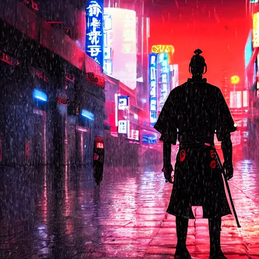 Prompt: Samurai with a sword stands infront of cyberpunk city, in theme of bladerunner movie, year 2077 raining, neon lights, night, realism