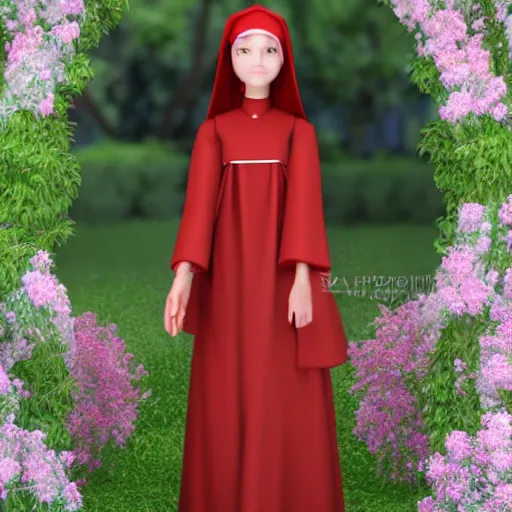 Image similar to young nun with light red long hair standing in a garden, 4k, detailed face, detailed body, detailed clothes, high details, 2d, art