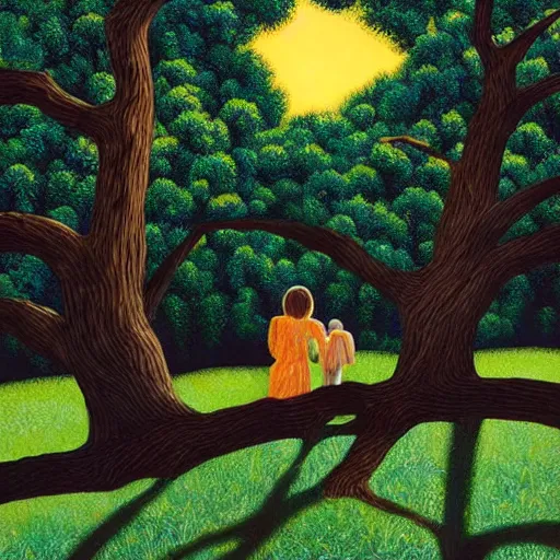 Prompt: Print, the warm, golden light of the sun casts a beautiful glow on the scene, and the gentle breeze ruffles the leaves of the trees. The figures in the print are engaged in a simple activity, the way they are positioned and the expressions on their faces suggest a deep connection. Peace and contentment, idyllic setting. by Debbie Criswell sinister