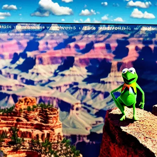 Image similar to kermit the frog walking a tightrope across the grand canyon, photorealistic, cinematic,