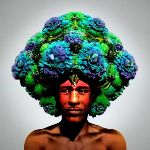 Image similar to an african marijuanna! shaman with an afro made of flowers, third eye art art by machina infinitum, complexity from simplicity, rendered in octane, mandelbulb 3 d, ambient occlusion, radiant lighting, macro photography, felt!!! texture, tribal, pastel! retrowave