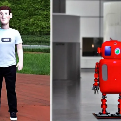 Prompt: a full body photo of a robot with the head of mark zuckerberg, mark zuckerberg's head on a robot's body
