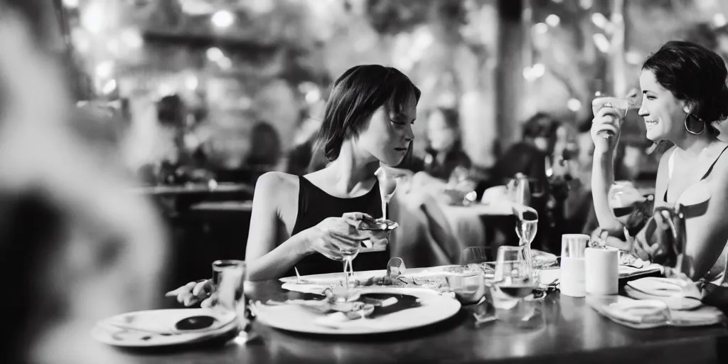 Prompt: b & w photo of two beautiful woman having dinner,