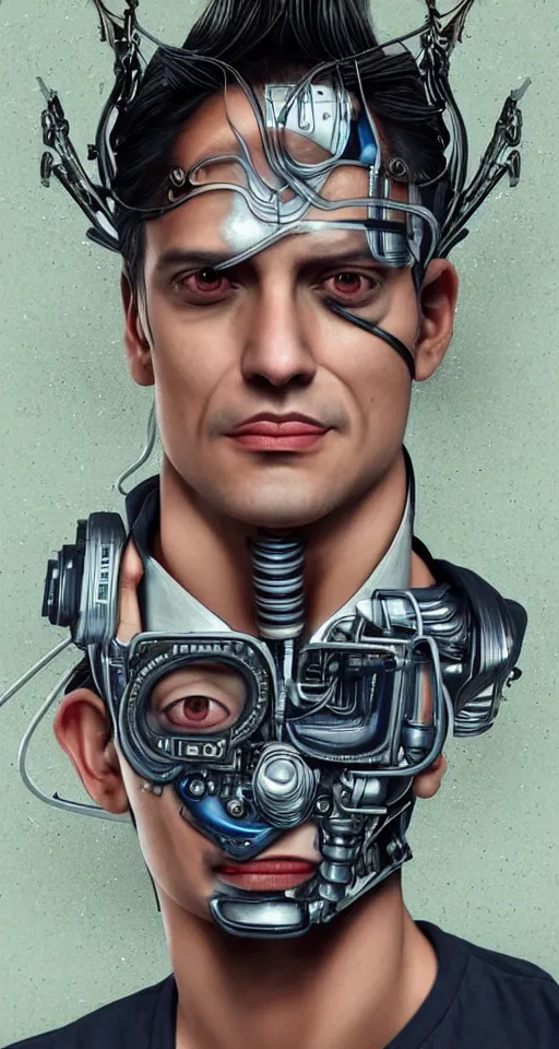 Prompt: A portrait photo of a latino mad scientist male with cyborg face looking at the camera with a queasy smile!!!!, in a mixed style of Botticelli and Æon Flux!!, inspired by pre-raphaelite paintings, and cyberpunk!!!, stunningly detailed, stunning inking lines, flat colors, 4K photorealistic, profile picture