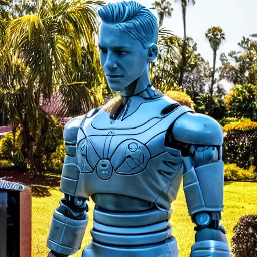 Image similar to a realistic detailed photo of a guy who is an attractive humanoid who is half robot and half humanoid, who is a male android, wrestler zack ryder, shiny skin, posing like a statue, blank stare, by the pool, on display, showing off his muscles, humanoid robot, frozen ice statue