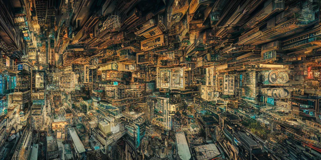 Prompt: photography of cyberpunk city landscape, inspired by Javanese temples, wide shot, 4KHD, award winning photography, professional photography