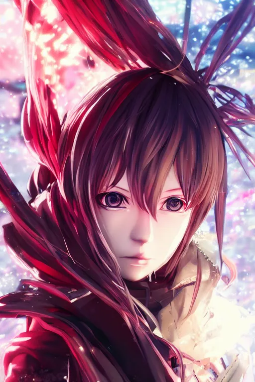 Prompt: portrait of an anime character with cute eyes in the style of a cover art of code vein, 3d anime, octane render, dynamic lighting, with glitch and chromatic abbreviations, artstation, by anime concept artist, rendered in unreal engine, by WENJR, WLOP, artgerm