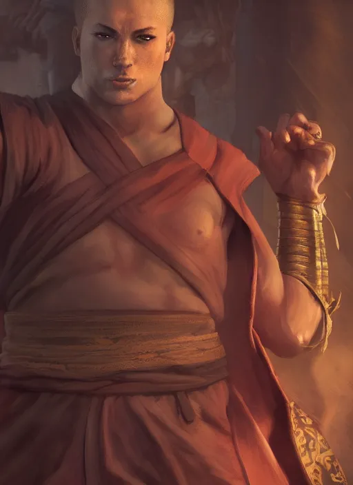 Image similar to A fantasy comic book style portrait painting of a monk as a martial arts fighter in a serene temple, unreal 5, DAZ, hyperrealistic, octane render, RPG portrait, ambient light, dynamic lighting