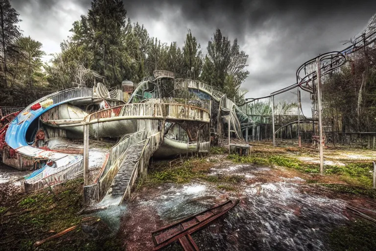 Prompt: creepy and wet abandoned waterpark, professional photography, highly detailed, sharp focus, hdr, 8 k, hd, trending on pexels, by marc adamus