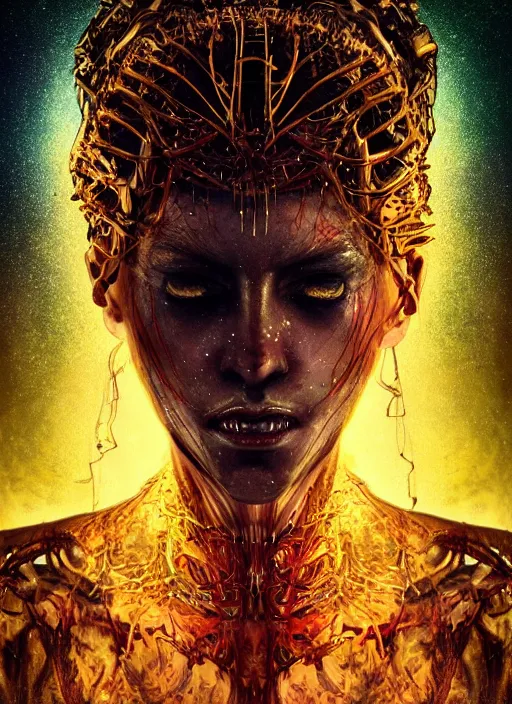 Prompt: epic portrait of menacing, anxious, agitated yet stunningly beautiful biomechanical djinn the unwilling god of creation overseeing the iridescent fabric of the universe, crying tears of iridescent blood, by charlie bowater, mandy jurgens, gustav klimt, octane render, dramatic camera angle, 4k, 8k, high detail, HDR, by tom bagshaw, powerful, with inspiration from Beksinski, inspired by greek goddess Athena