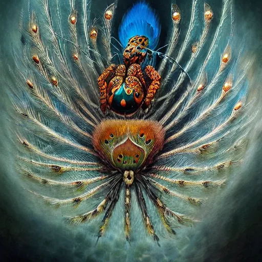 Prompt: intricate stunning highly detailed illustration of a peacock spider, maratus, salticidae, 🌱, by agostino arrivabene and vladimir kush, digital painting, ultra realistic, dramatic lighting, thick black swirling smoke tornado, artstation