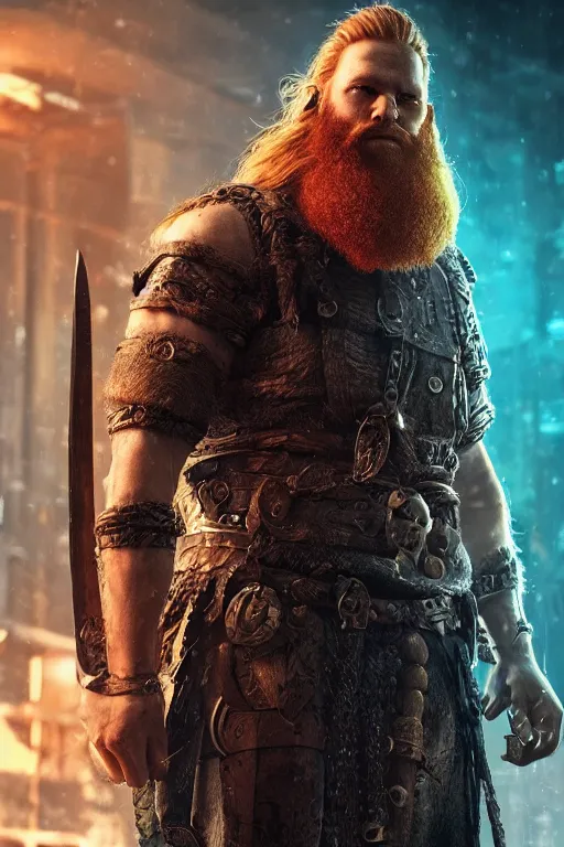 Image similar to cyberpunk viking, handsome and strong, red beard, runic, powerful stature, detailed intricate, 8 k, cinematic