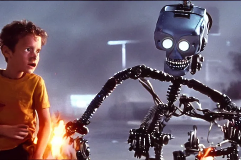 Prompt: VFX movie where Johnny Five from Short Circuit plays the Terminator by James Cameron