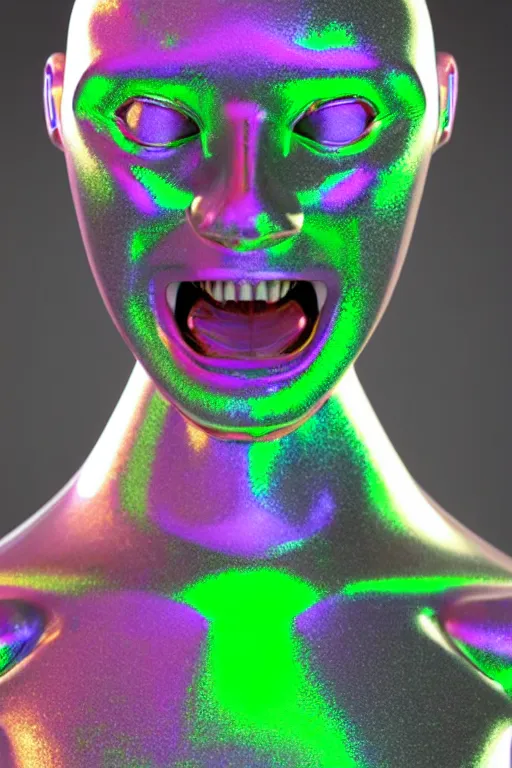 Image similar to 3d render of holographic angry human robotic screaming angry bust made of glossy iridescent, screaming, bust, surrealistic 3d illustration of a human non-binary, non binary model, 3d model human, cryengine, made of holographic texture, holographic material, holographic rainbow, concept of cyborg and artificial intelligence