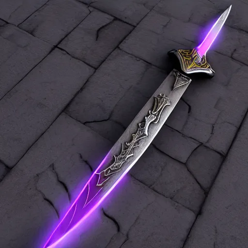 Image similar to european broad sword, narrow blade, vertical running runes on the blade, inscriptions on the blade, highly detailed, 4 k, 8 k, intrinsic design, light purple aura, cinematic lighting, dark grey tint metal, octane render, artstation