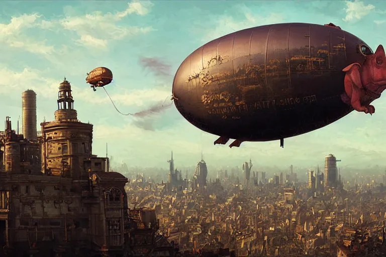 Image similar to a pig-blimp, pig head, steampunk, digital art, extremely detailed, flying over a city, greg rutkowski, cinematic