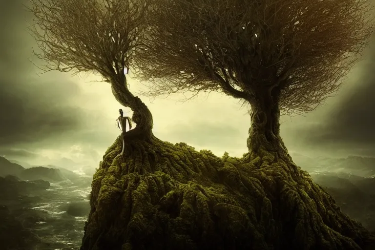 Prompt: an ultra realistic, cinematic, headshot portrait, of an evil tree wizard, branches, facial features, background of a vast serene landscape, with trees and rivers, detailed, deep focus, movie still, dramatic lighting, ray tracing, by michal karcz and yoshitaka amano