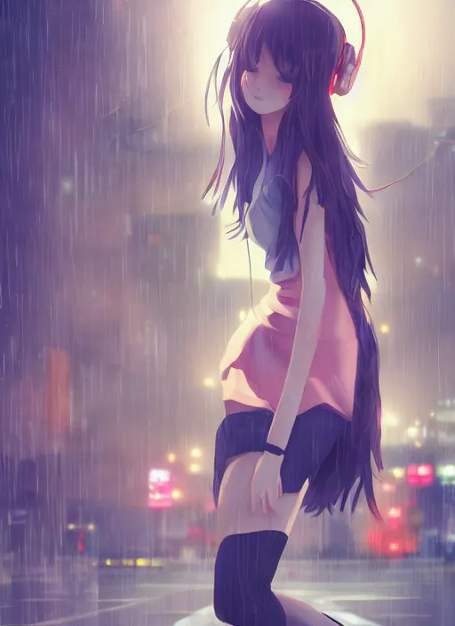 Image similar to listening to music at 2 am, night, pretty girl, pose, rain, lofi, lofi, peaceful, street light, anime key visual, poster, street wears, anime, by wlop, high quality, 4 k, trending, trending on artstation