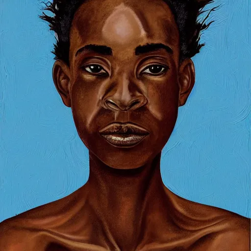 Image similar to a painting of a elegant, well fed, smooth-chinned, long nose, African elder with few eyebrows by Wangechi Mutu . thinker without facial hair, thoughtful, focused, visionary, calm, jovial, loving, fatherly, generous, . dramatic angle, ethereal lights, details, smooth, sharp focus, illustration, realistic, cinematic, artstation, award winning, rgb , unreal engine, octane render, cinematic light, macro, depth of field, blur, red light and clouds from the back, highly detailed epic cinematic concept art CG render made in Maya, Blender and Photoshop, octane render, excellent composition, dynamic dramatic cinematic lighting, aesthetic, very inspirational, arthouse.