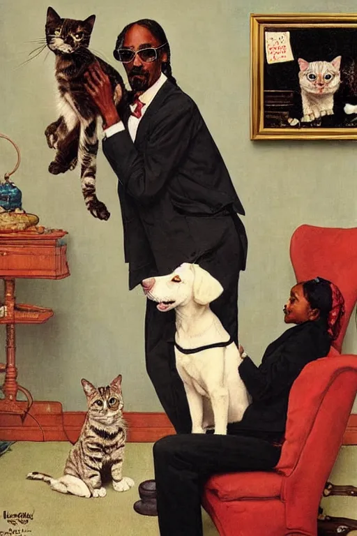 Prompt: snoop dogg and his cats painted by Norman Rockwell