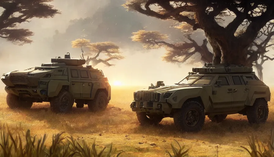 Image similar to a militarised suv designed by apple driving through african savanna, artgerm and greg rutkowski and alphonse mucha, an epic fantasy, volumetric light, detailed, establishing shot, an epic fantasy, trending on art station, octane render, midsommar