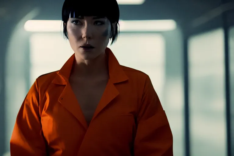 Image similar to major motoko wearing an orange prison jumpsuit facing camera, photography by fred palacio medium full shot still from bladerunner 2 0 4 9, sci fi, bladerunner, canon eos r 3, f / 3, iso 2 0 0, 1 / 1 6 0 s, 8 k, raw, unedited