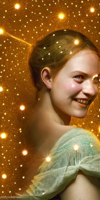 Image similar to a totally enraptured smiling young woman surrounded by golden firefly lights in a mesmerizing scene, sitting amidst nature fully covered, intricate detailed dress, long loose red hair, precise linework, accurate green eyes, small nose with freckles, smooth oval head, expressive emotions, hyper realistic ultrafine portrait by artemisia gentileschi, jessica rossier, artgerm