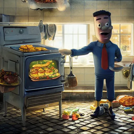 Image similar to hyperrealistic mixed media high resolution image of SpongeBob SquarePants standing next to a stove flipping burgers , stunning 3d render inspired art by István Sándorfi and Greg Rutkowski, perfect symmetry, dim volumetric lighting, 8k octane beautifully detailed render, post-processing, extremely hyper-detailed, intricate, epic composition, highly detailed attributes, highly detailed atmosphere, cinematic lighting, masterpiece, trending on artstation, very very detailed, masterpiece, stunning, flawless structure, lifelike texture, perfection,