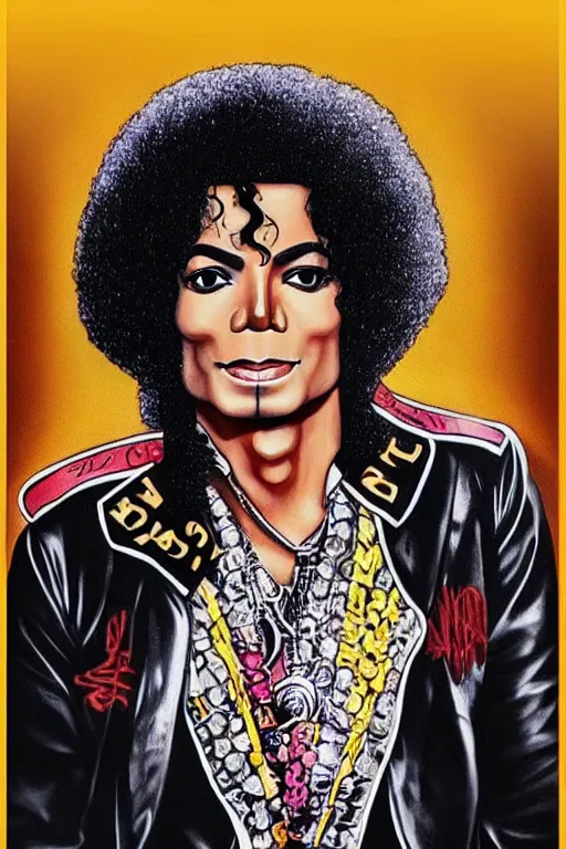 Image similar to big nose michael jackson afro young afro jackson 5 poster as a black rapper 1 9 7 0 s, the hood, tattoos, dancing, poster tour, art work, ripped, 6 pack, rapping, grime, michael jackson, uhd, sharp, detailed, cinematic 4 k