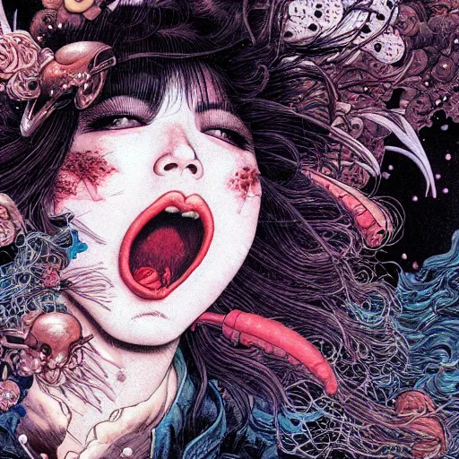 Image similar to closeup of face melting and tongues, by yoichi hatakenaka, masamune shirow, josan gonzales and dan mumford, ayami kojima, takato yamamoto, karol bak