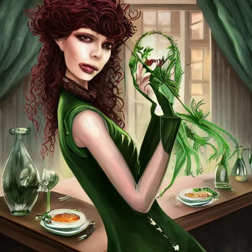 Prompt: a beautiful picture of doctor poison ivy professor of botany and doctor liliana onyx professor of demonology having lunch, academic clothing, dark eyeliner, intricate, elegant, highly detailed, digital painting, artstation, concept art, matte, sharp focus, illustration, art in a baroque style