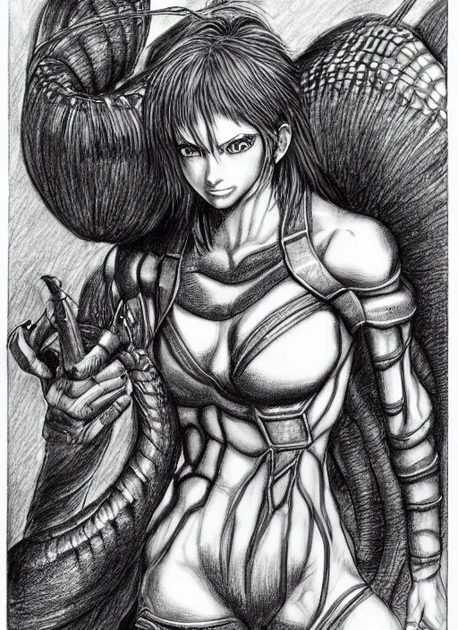 Image similar to line art pencil drawing of a scolopendra that turns into a woman, art by shinichi sakamoto and kentaro miura