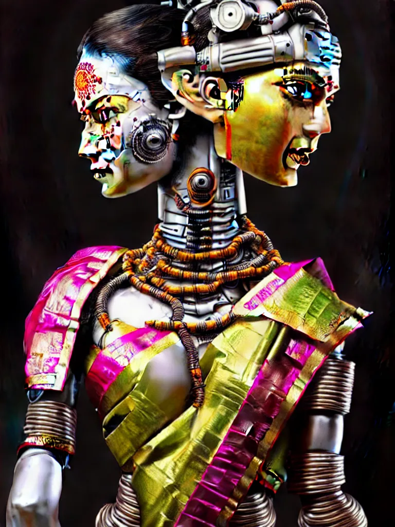 Prompt: a detailed painted portrait of a female cyborg hindu goddess robot wearing a brocade saree and transparent glass helmet by artist hadi karimi, wlop, artgerm, greg rutkowski, blissful orgasmic facial expression, symmetric, front facing, dramatic lowkey studio lighting, backlit, accurate skin textures, hyperrealism, aesthetically pleasing and harmonious colors