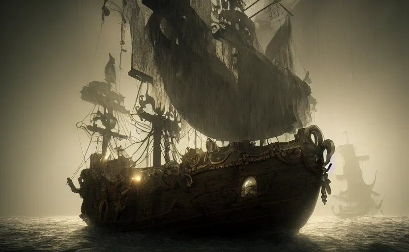 Prompt: magical and mystical pirate galleon, gloomy and foggy atmosphere, octane render, rembrandt, cgsociety, artstation trending, horror scene, highly detailded
