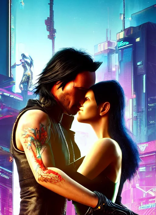 Image similar to a cyberpunk 2077 couple portrait of a Keanu Reeves as johnny silverhand and a female android in final kiss,couple pose,love,fantasy, intricate, elegant,by Alex Horley,Heather Theurer,aaron horkey,Greg Rutkowski,artstation,deviantart,FAN ART,Digital painting,face enhance,highly detailed,8K,octane,golden ratio,cinematic lighting